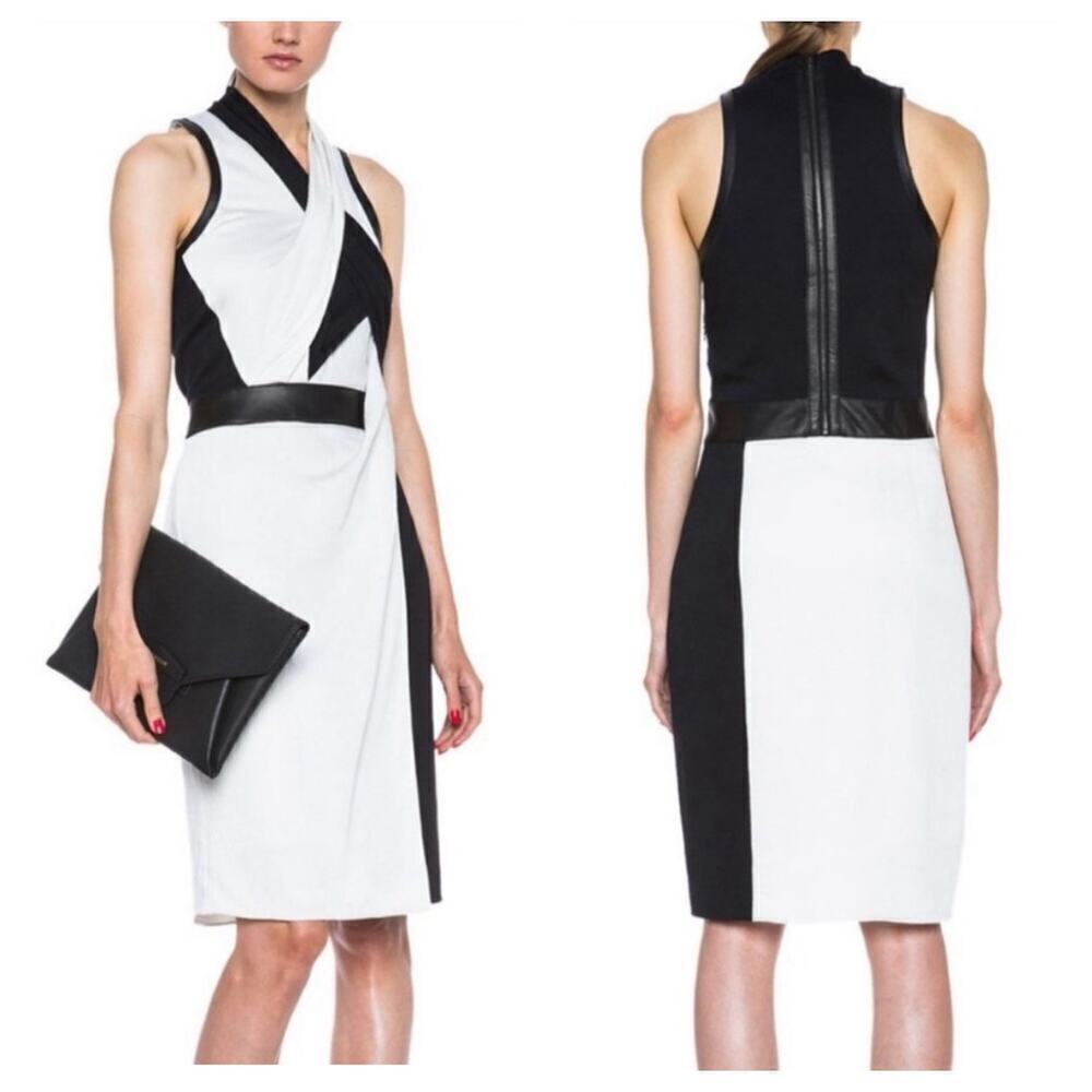 Helmut Lang Dress Twisted Drape Grained Viscose Leather Trim Black White 2